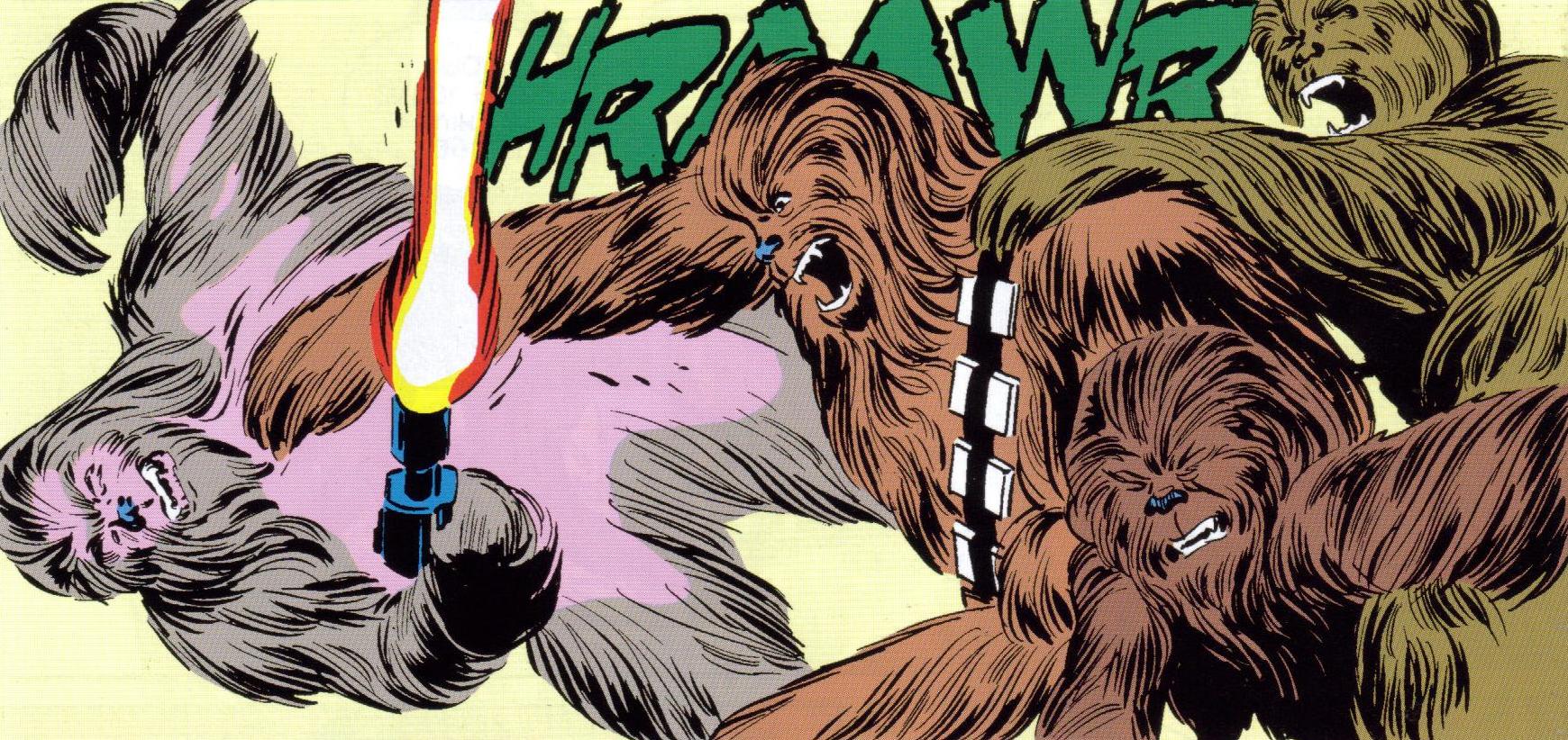 Wookiees fight during the skirmish on Kashyyyk.