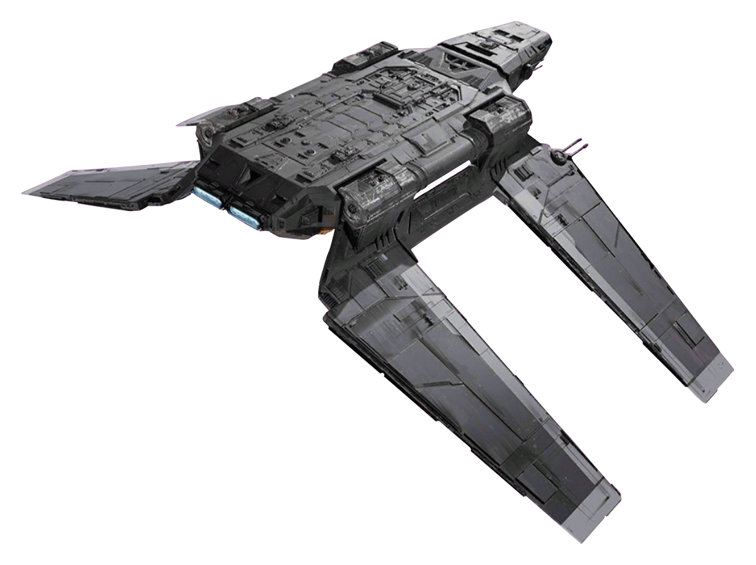 A Zeta-class Heavy Cargo Shuttle, with its wings set in flight mode.