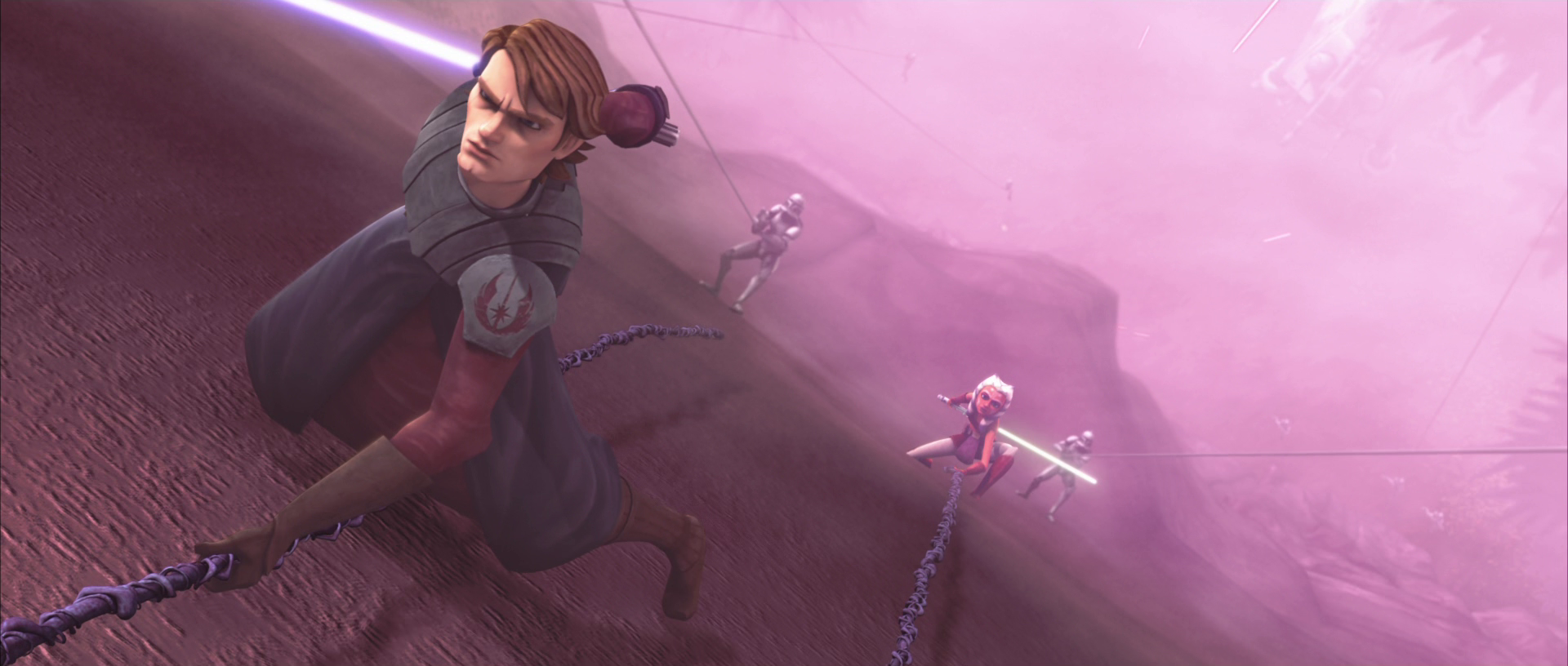 Skywalker and Tano fighting their way on a cliff towards the monastery