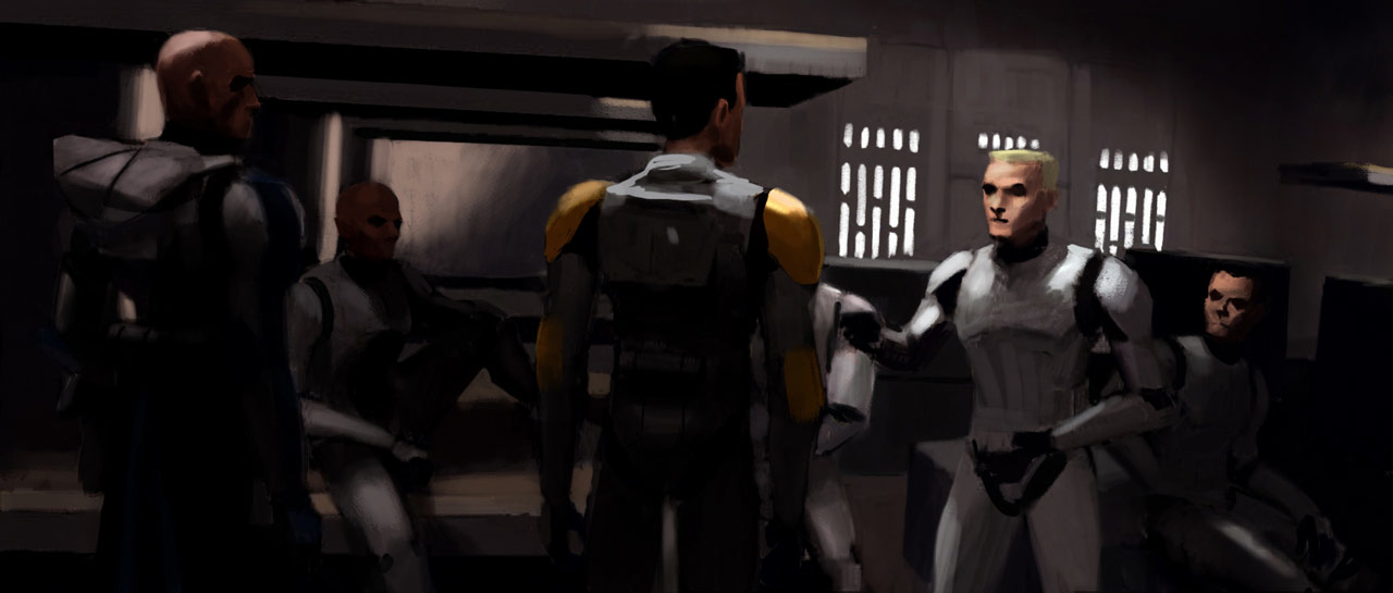 Captain Rex and Commander Cody confront Slick and his men in concept art from "The Hidden Enemy."