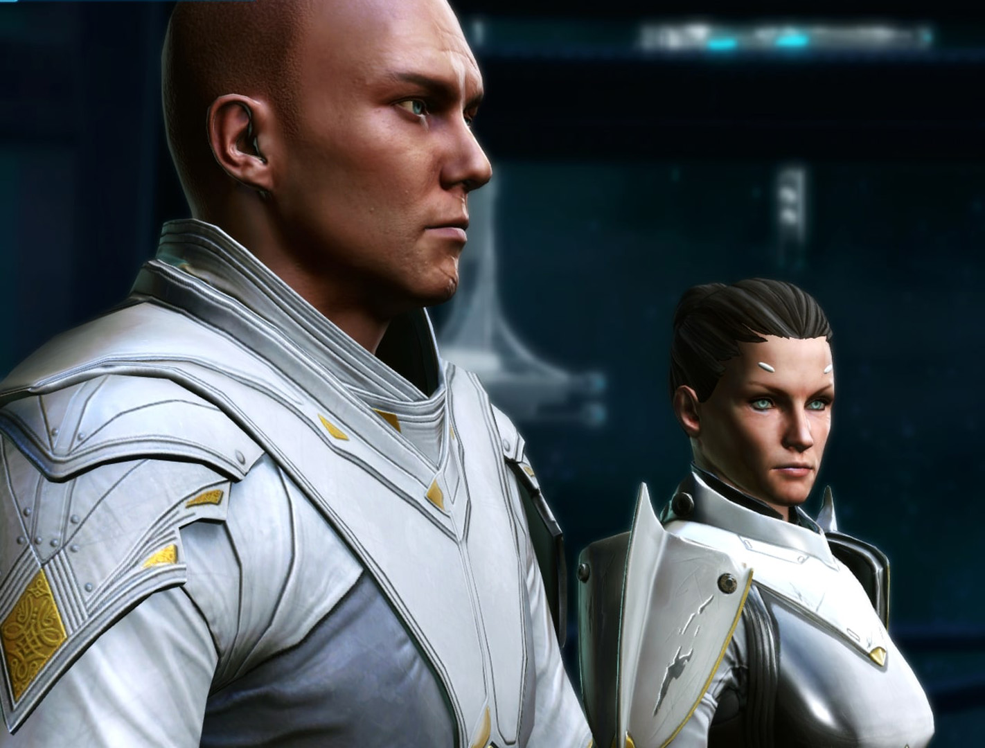 Arcann and Senya accompany the Commander to the Eternal Throme room.