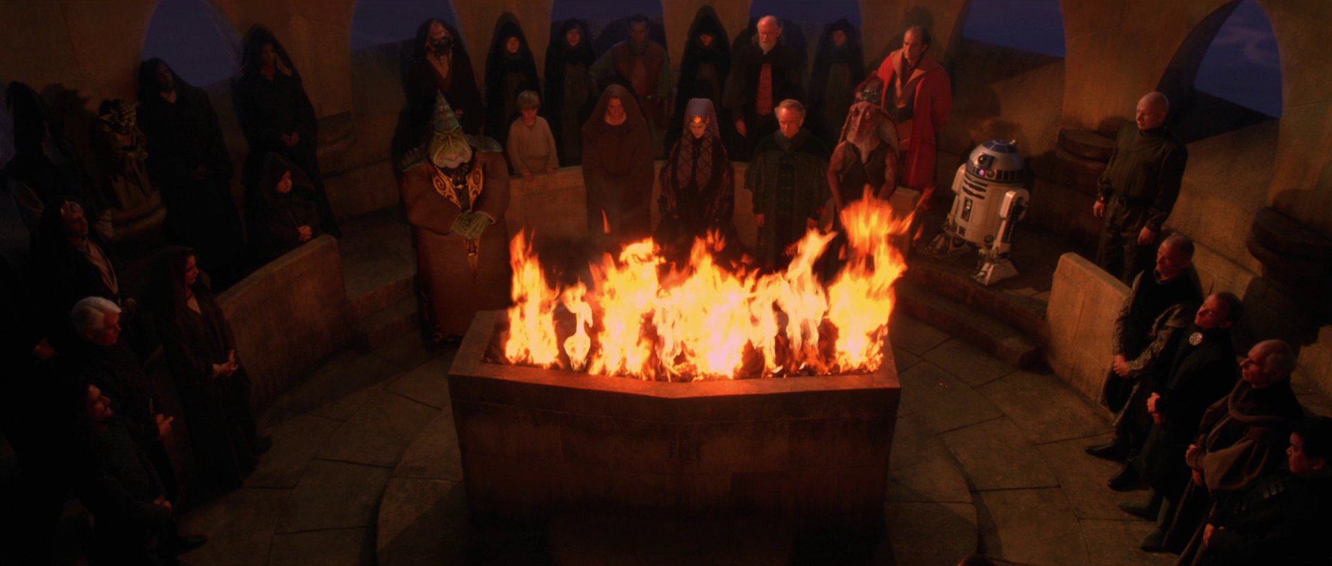 Following the Invasion of Naboo, Jedi Master Qui-Gon Jinn's body was cremated on a funeral pyre.