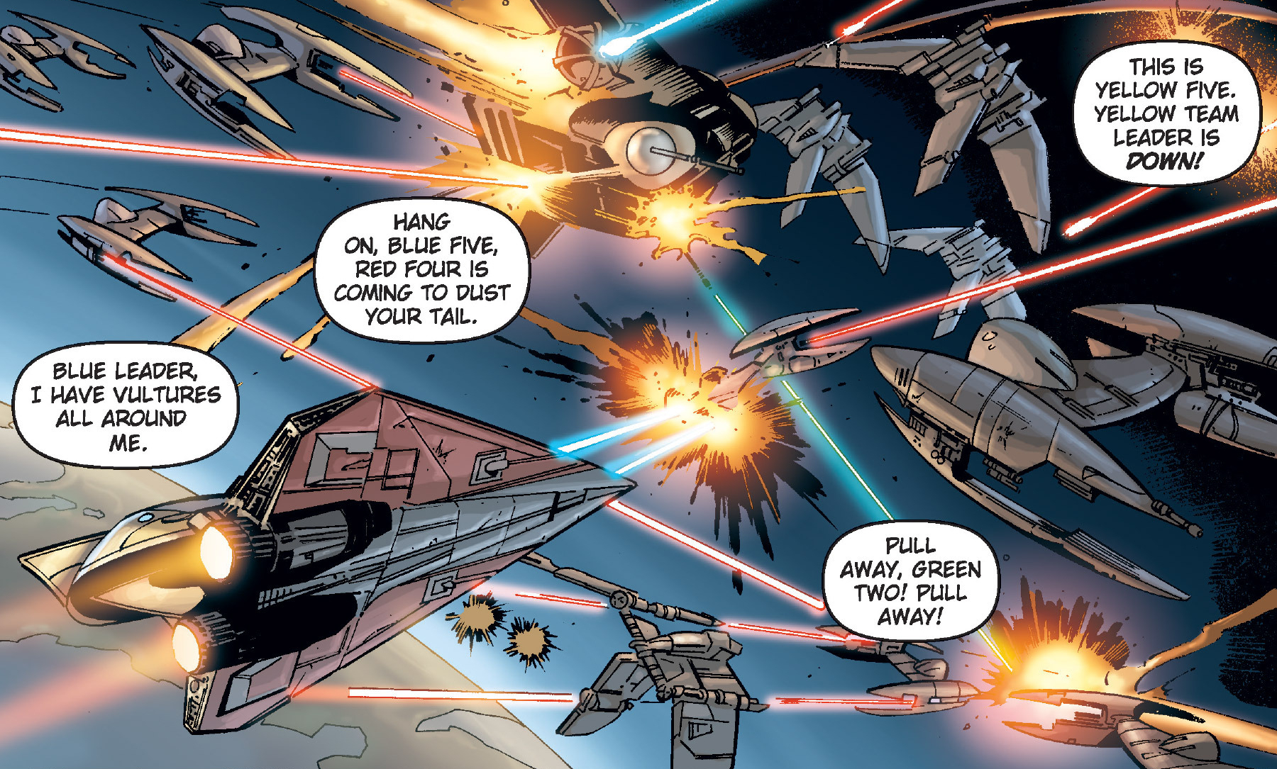 Republic starfighters engage the droid fighters of the Confederacy