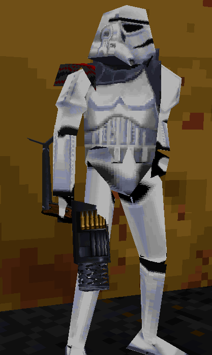 A field stormtrooper in full body armor, armed with an Imperial Repeater Rifle