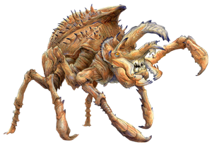 A horned beetle-like creature with a tan shell, large pincers around its toothy mouth, and pointed claws.