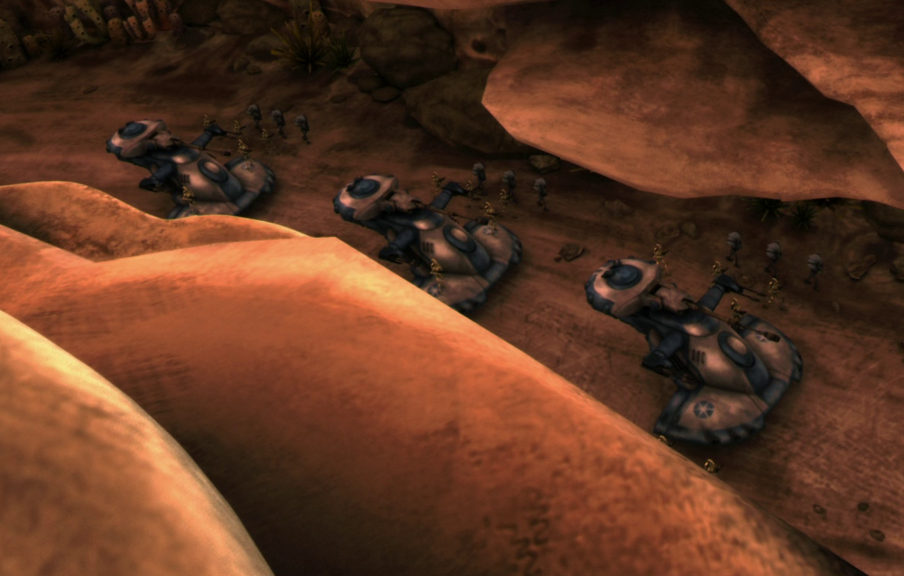 T81 Division tanks and droids organized into a column while maneuvering through Rugosa's coral moon.