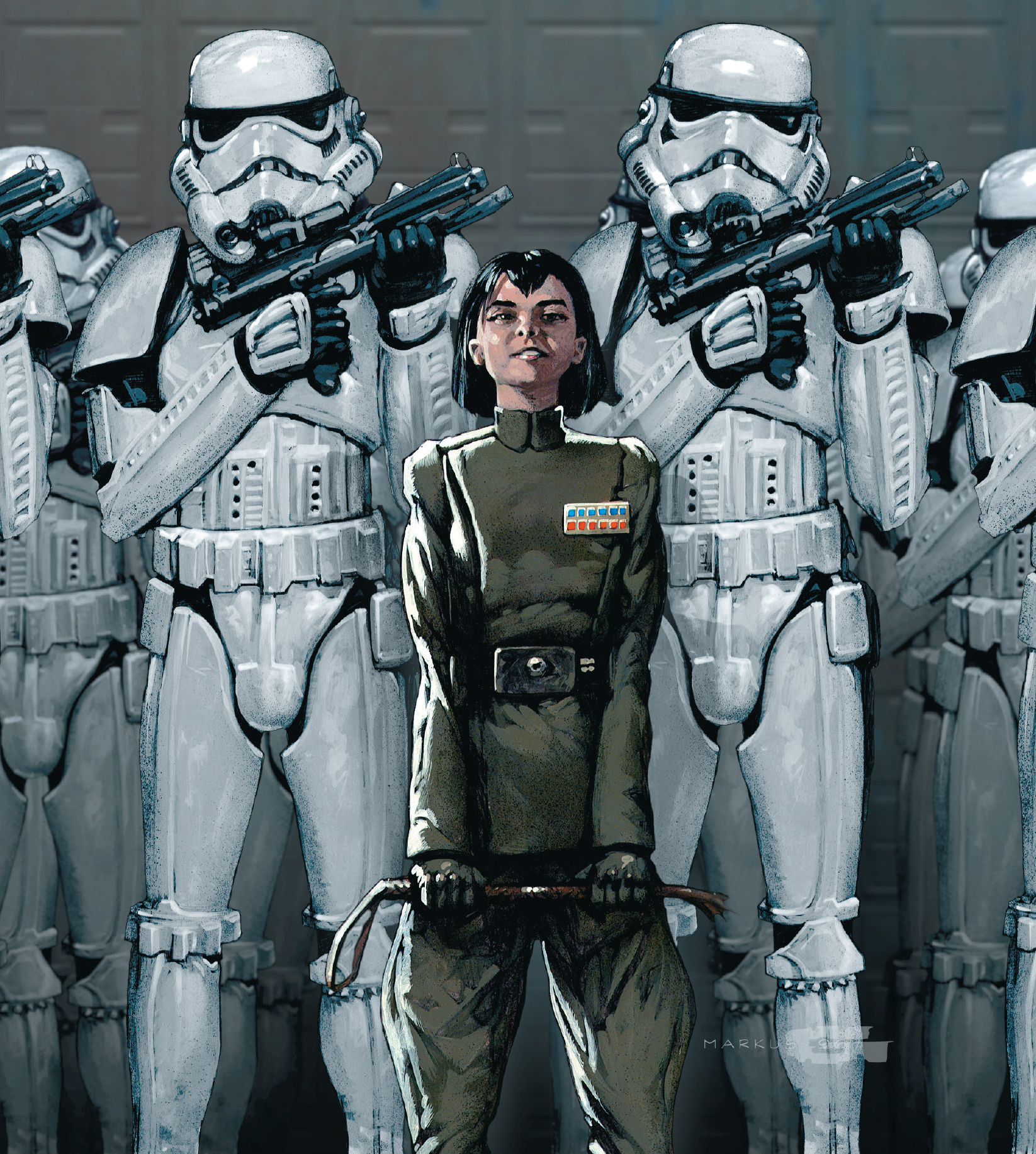 Leonia Tavira flanked by stormtroopers.