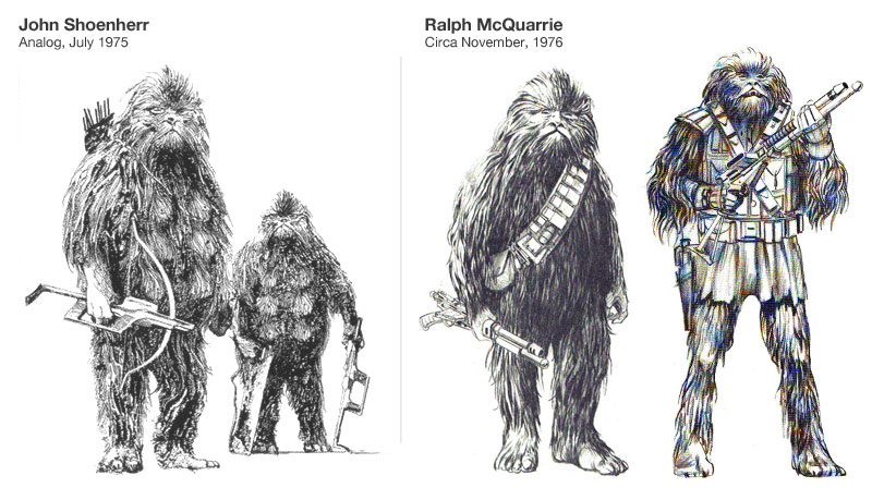 John Schoenherr's illustration (left) and Ralph McQuarrie's Chewbacca concept art (right)