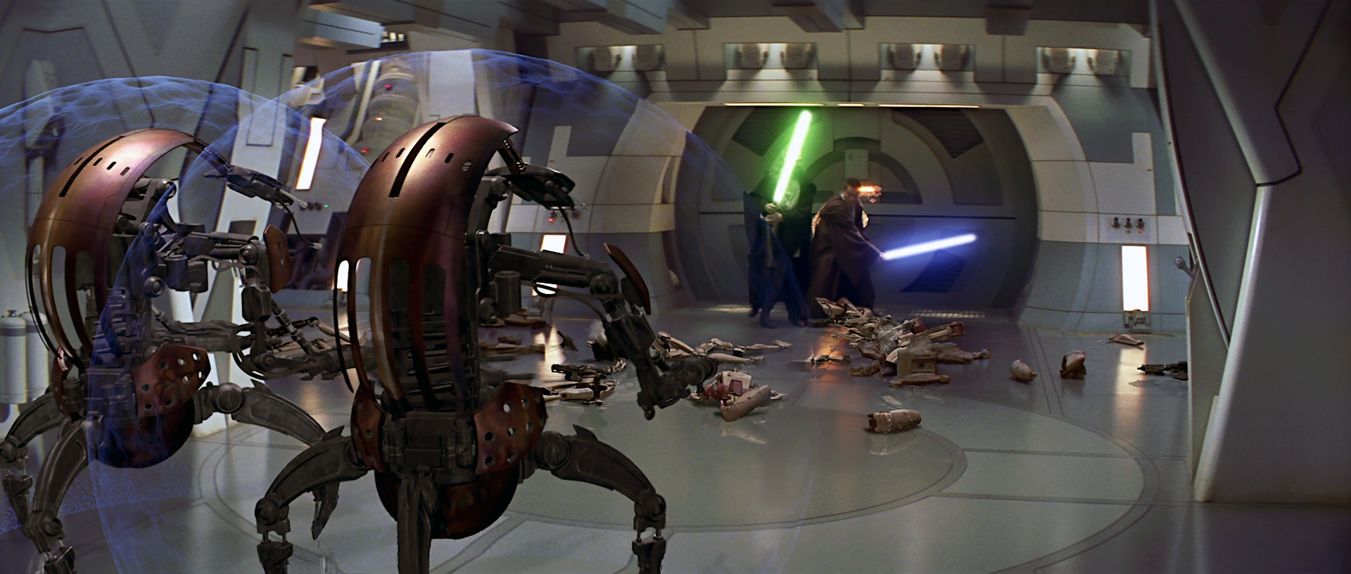 Obi-Wan Kenobi and Qui-Gon Jinn being attacked by destroyer droids