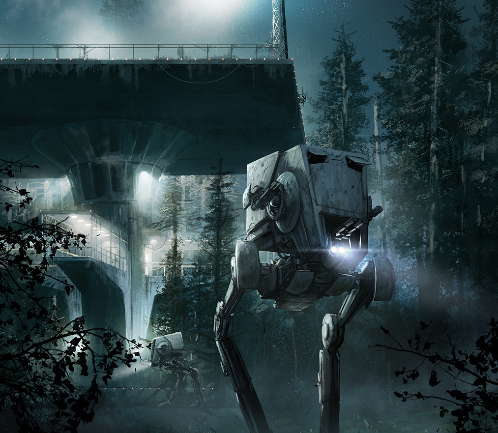 AT-STs patrol the garrison base on Endor