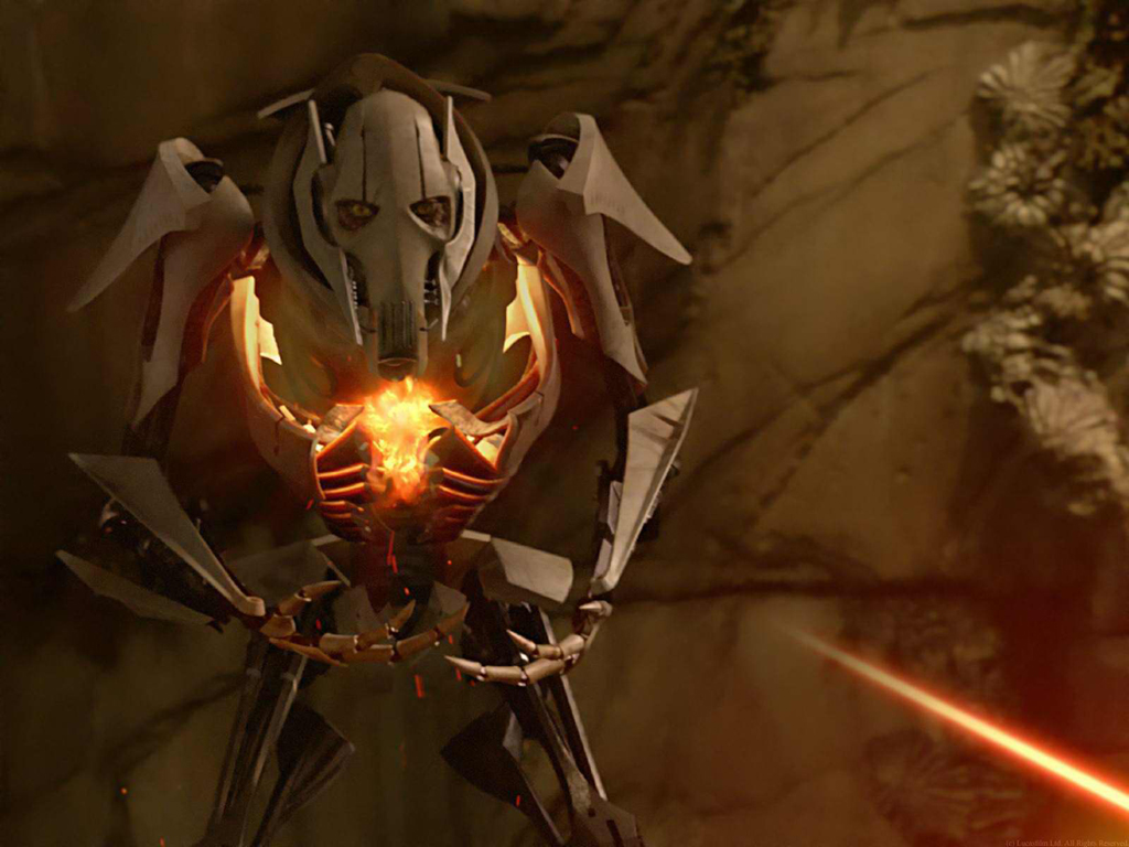 Grievous is shot in his synthskin gut-sack by Obi-Wan Kenobi on Utapau.