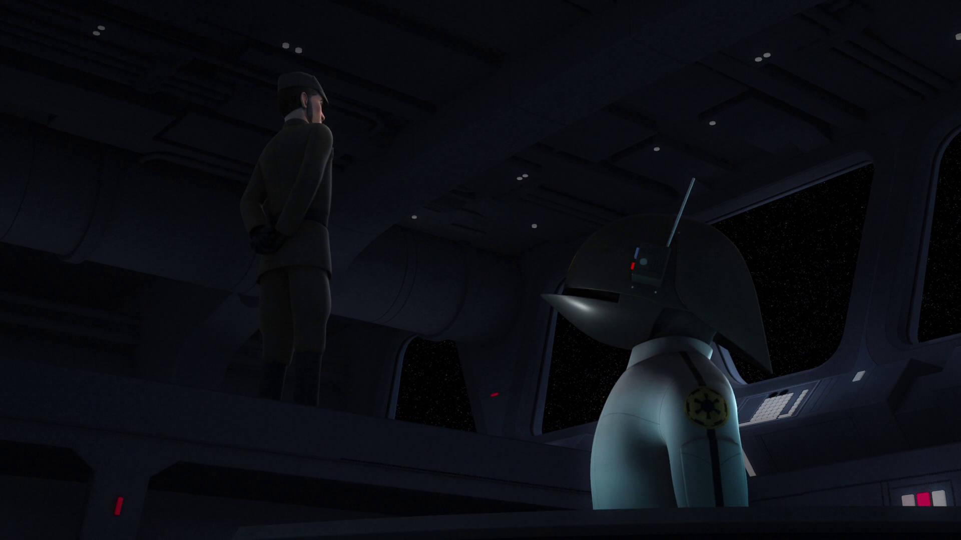 Kassius Konstantine (left) stands over an Imperial weapons technician (right) on the Interdictor's bridge.