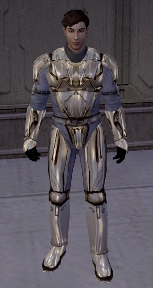 Atton Rand wearing a Mandalorian assault armor (without helmet).