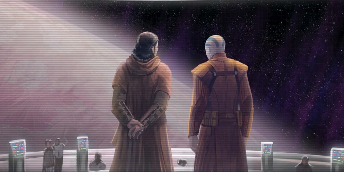 Revan pictured unmasked from behind, accompanied by Malak.