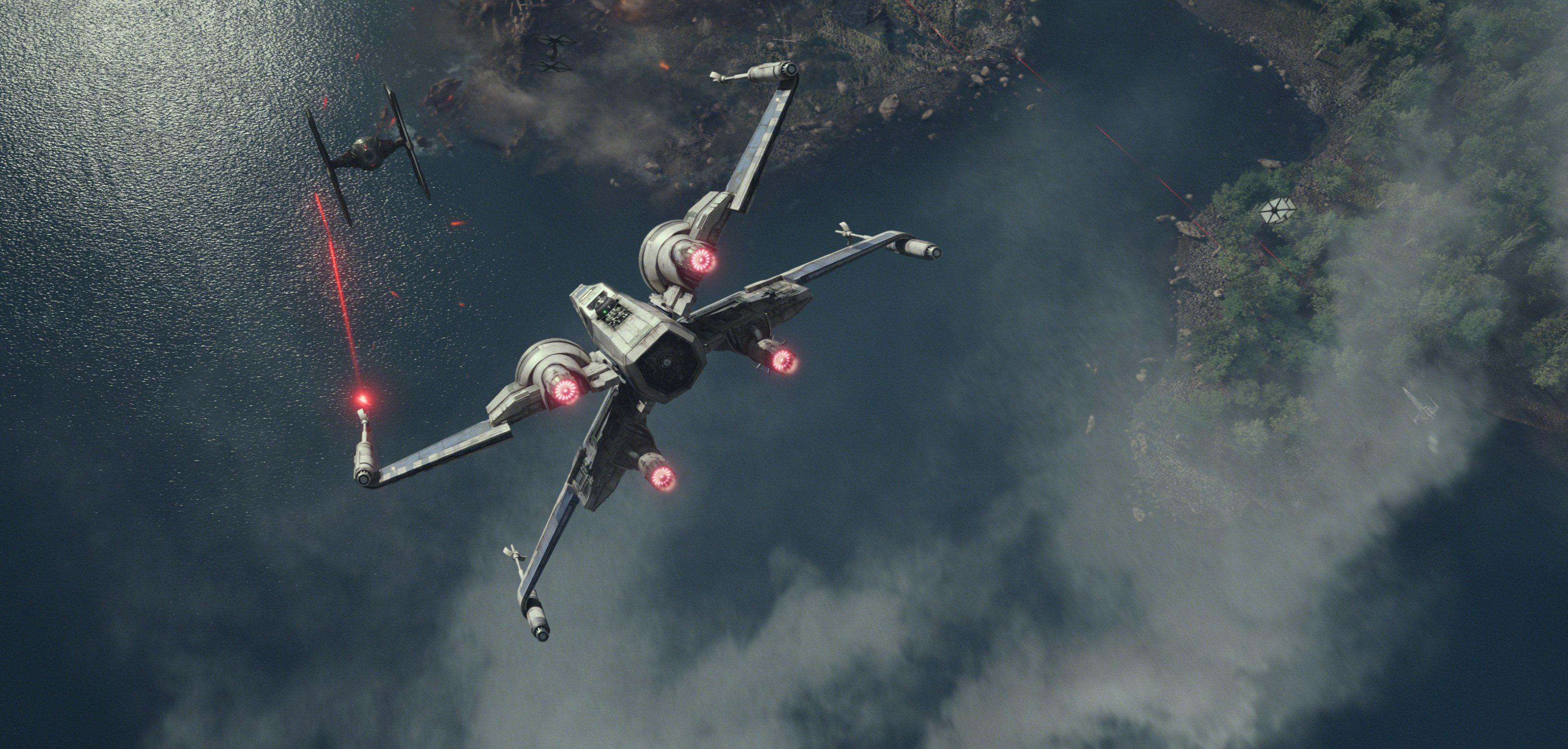 Resistance X-wings mix it up with First Order TIEs in the skies of Takodana