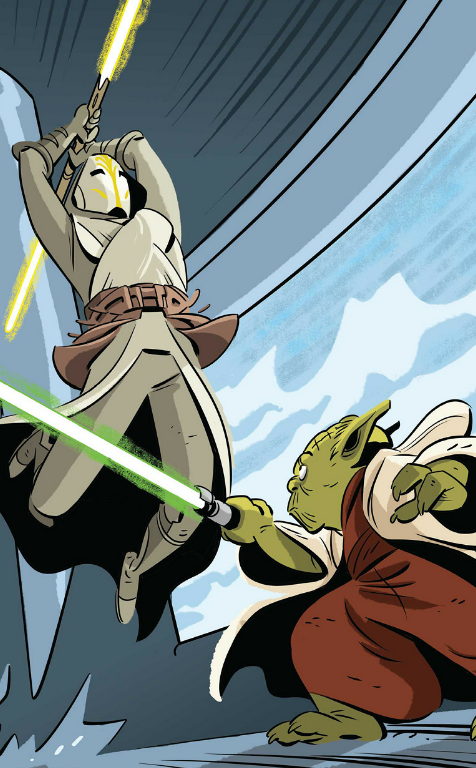 Yoda dueling the disguised Bant Eerin