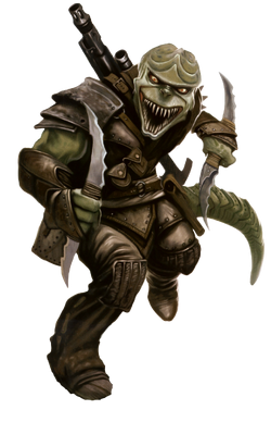 A scaley green Barabel in black combat armor wields a pair of jagged, double-ended, curved knives. A blaster rifle is visible slung over their back.