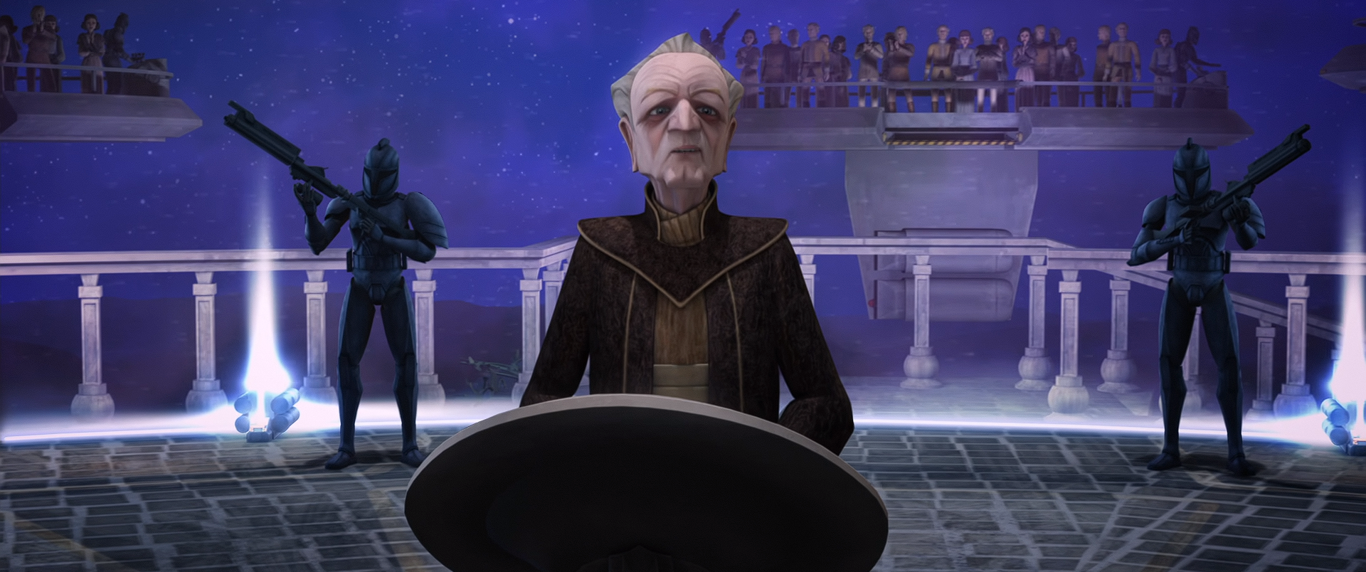 Chancellor Palpatine addresses the crowd moments before he was attacked