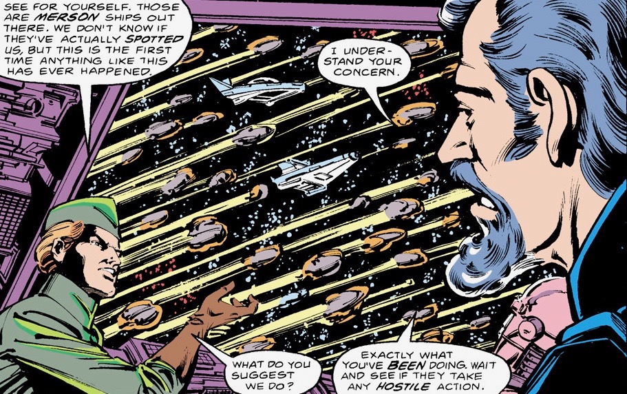 Captain Quasar and Obi-Wan Kenobi observe the Merson pirate ships following their craft.