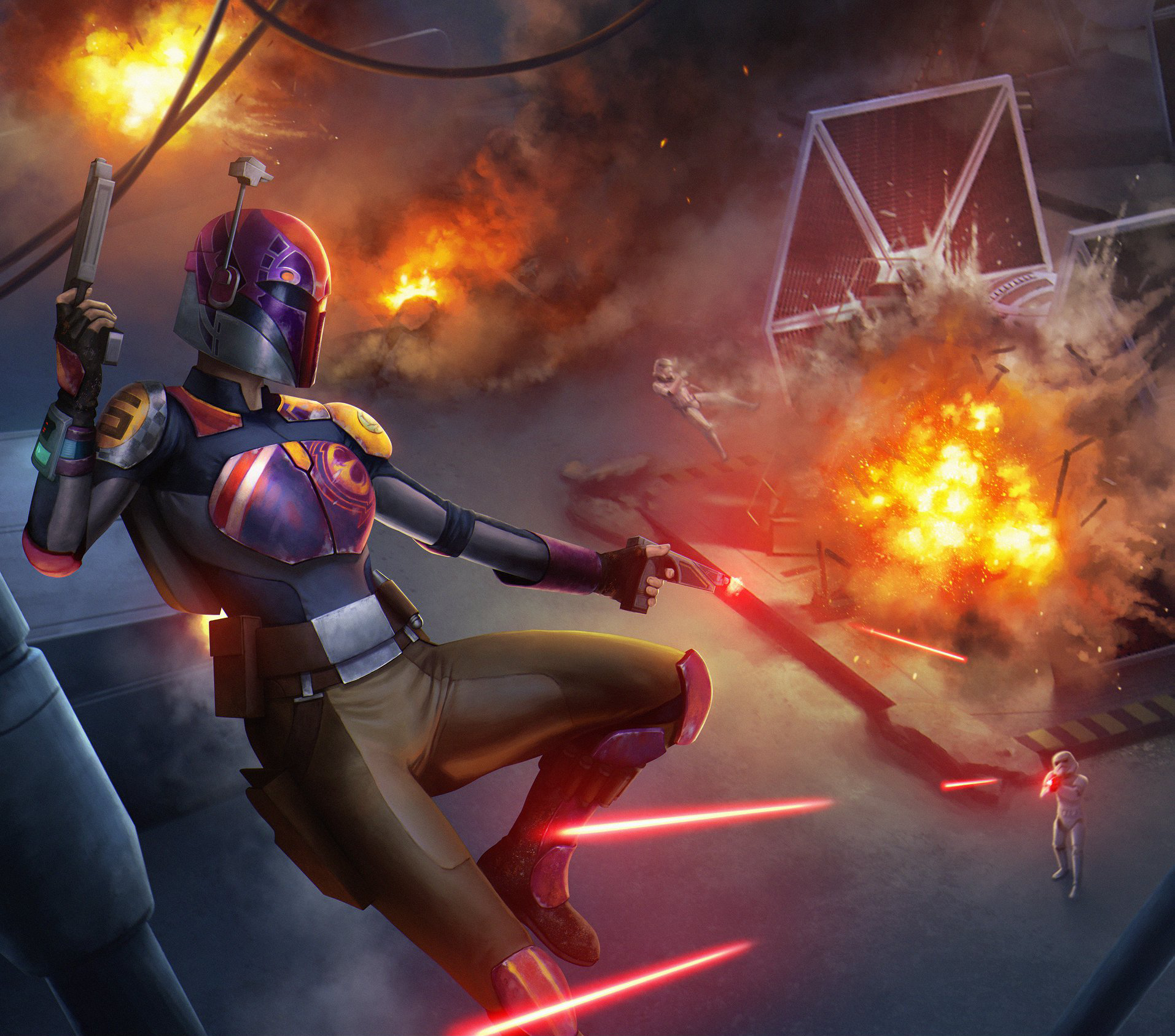 Sabine uses her skill with both explosives and blasters.