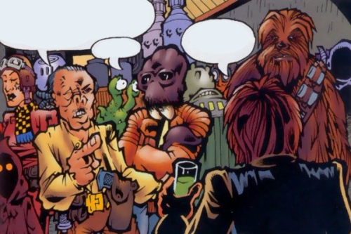 Dr. Cornelius Evazan and Ponda Baba threaten Han Solo and Chewbacca.