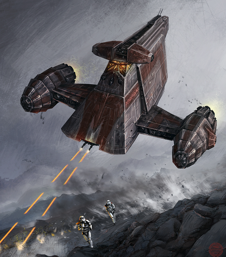 An Aurore-class freighter firing on Imperial stormtroopers