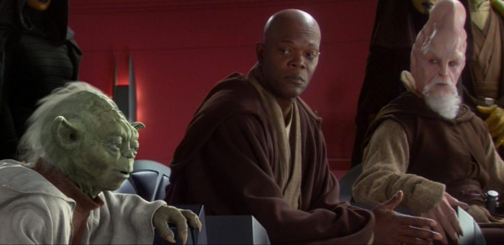 Yoda, Mace Windu, and Ki-Adi-Mundi discussing the threat of the Separatist movement.