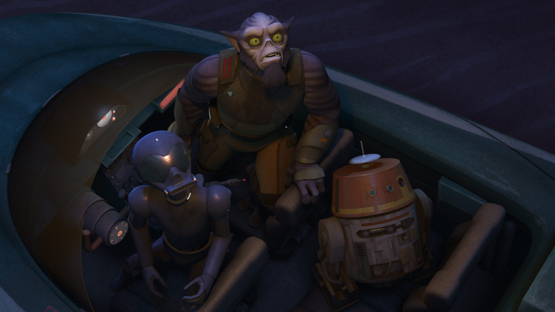 AP-5 and Chopper teaming up with their nominal "foe" Zeb to defeat an Imperial infiltrator droid