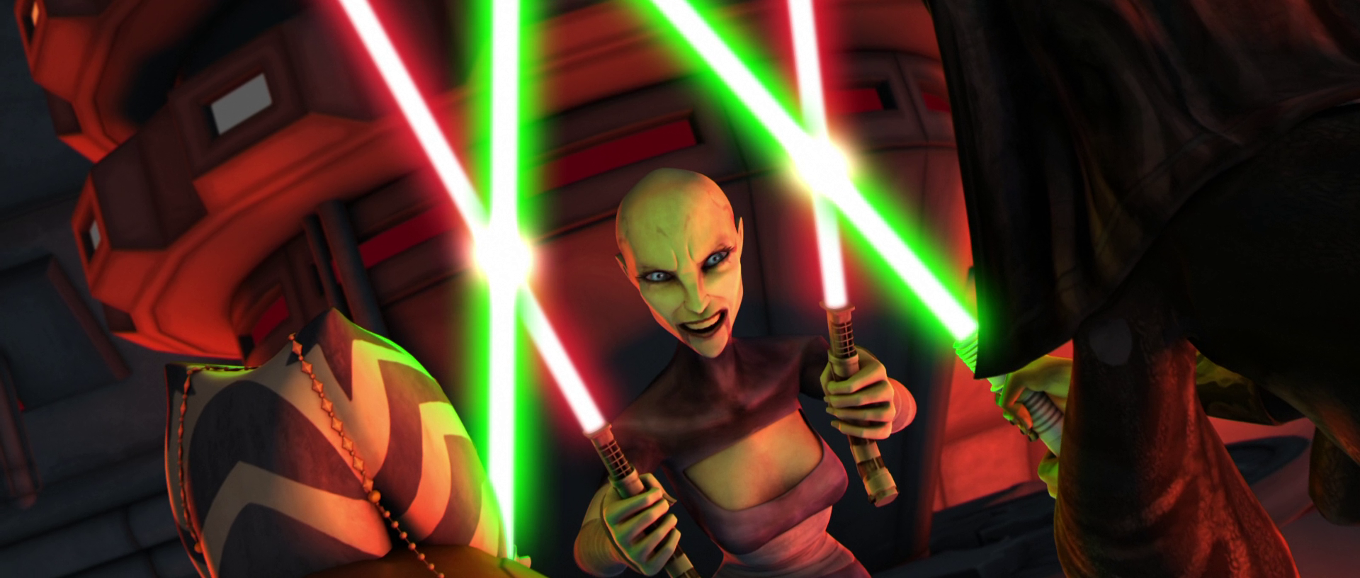 Ventress fighting Unduli and Tano.