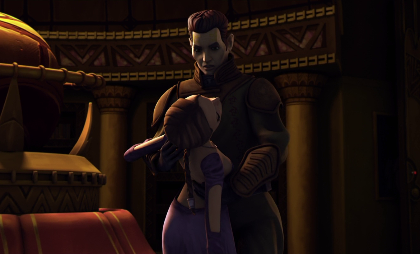 Clovis catches Amidala as she passes out after being poisoned by Lott Dod.