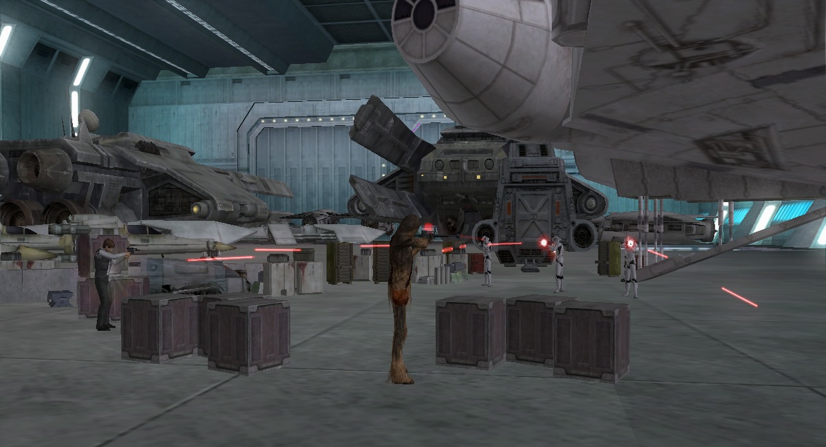 Han Solo and Chewbacca fighting stormtroopers in the hangar of the Imperial space station.