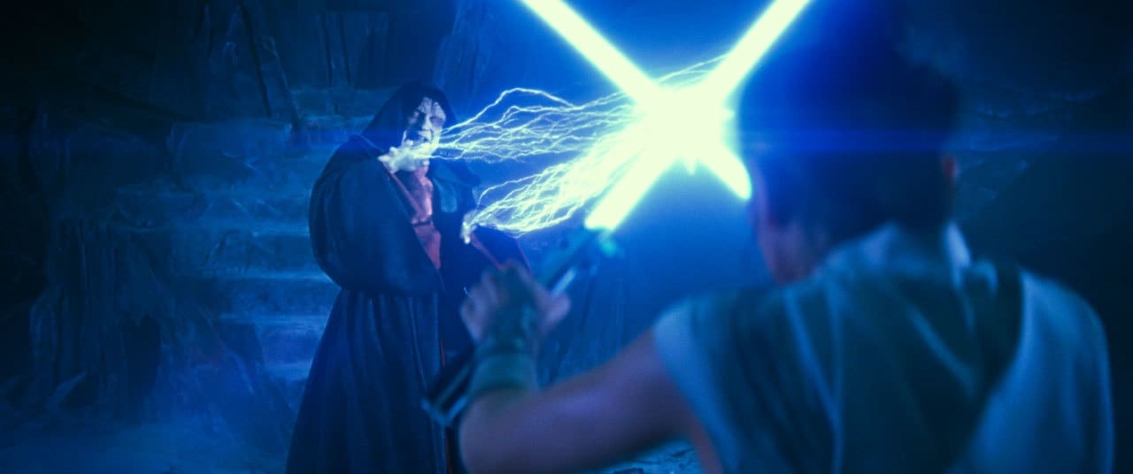 With the assistance of the spirits of all the departed Jedi, Rey turned her grandfather's full power back at him, destroying him.