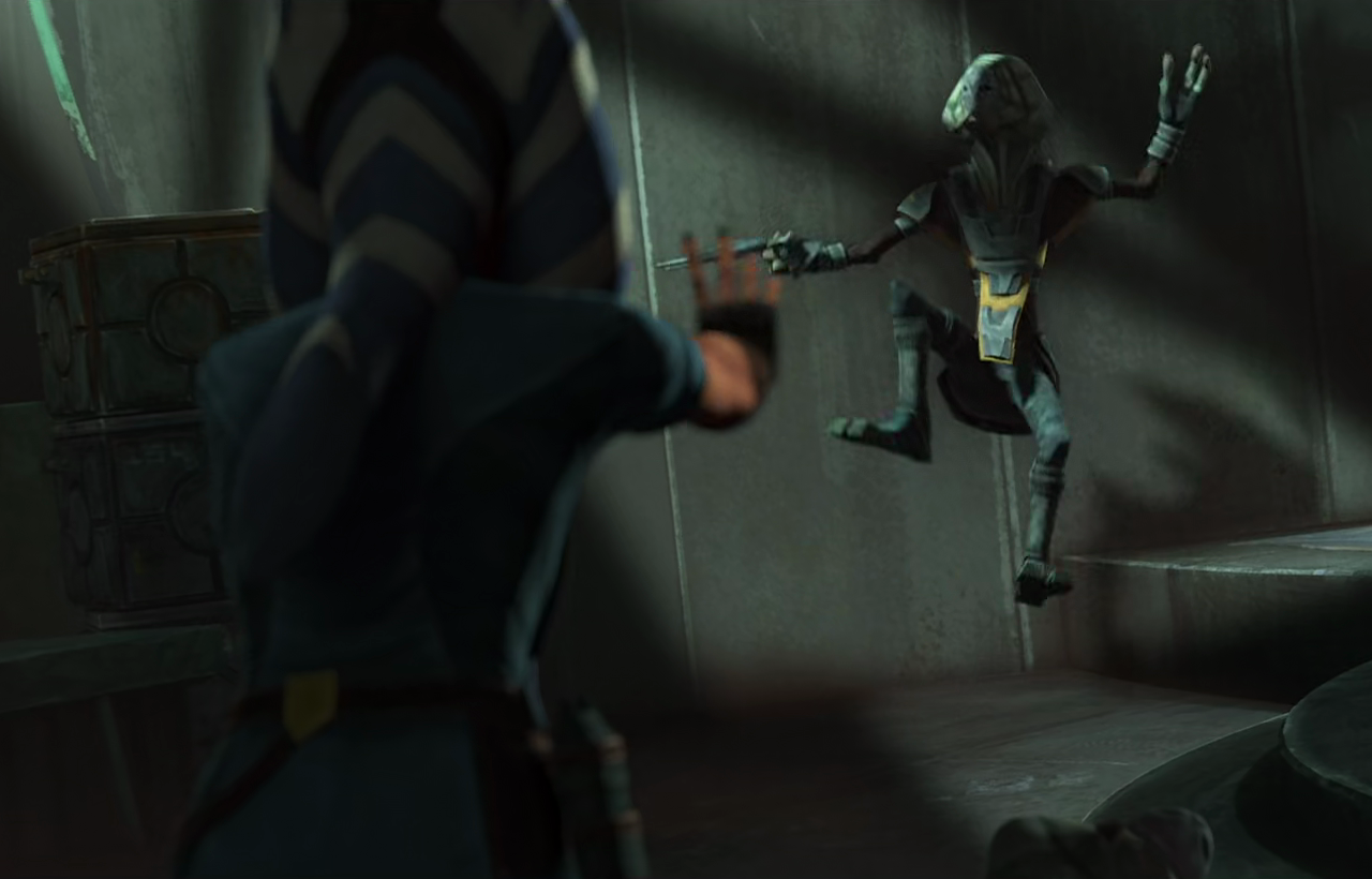 Ahsoka Force pushes a Pyke Guard into a wall.