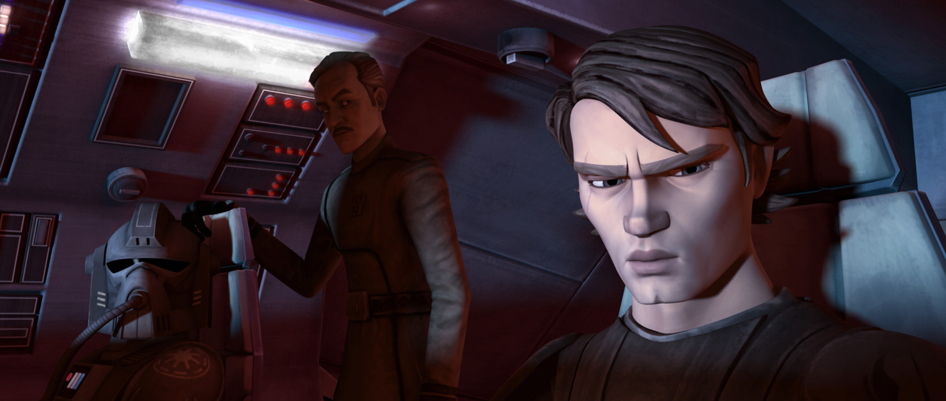 Anakin Skywalker pilots the stealth ship against Admiral Trench.