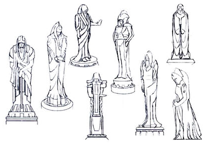 Concept sketches of Yanjon Zelmar and Faya Rodemos' statues by Gert Stevens