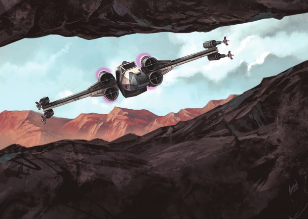 One of the Cavern Angels X-wings flies into a cave on Jedha.