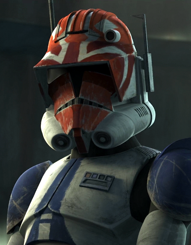 A clone captain using a rank plaque on their armor.