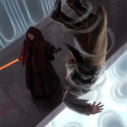 A Dark Jedi uses Force Whirlwind on his victim.