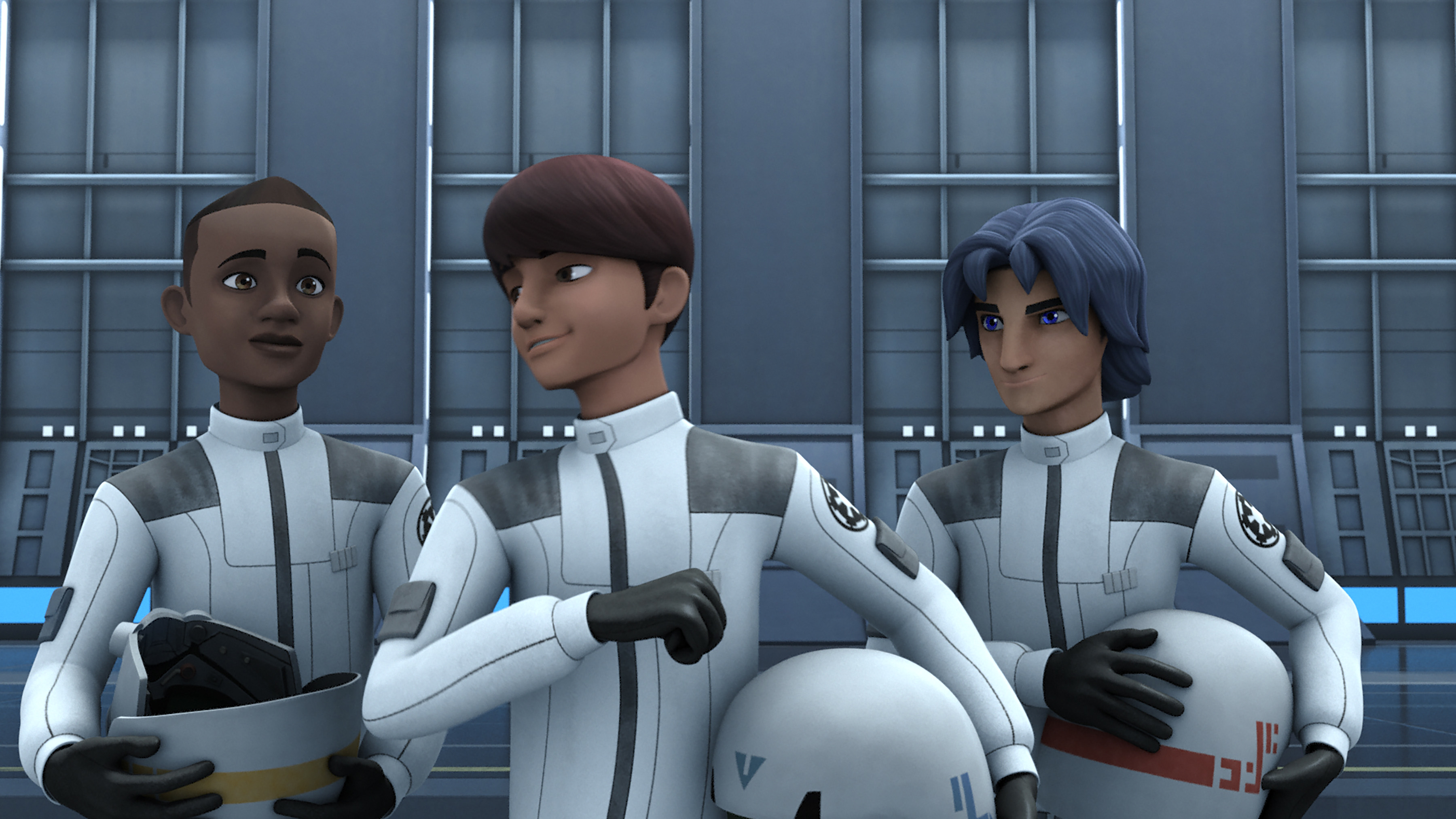 Leonis with fellow cadets Jai Kell and Dev Morgan a.k.a. Ezra Bridger