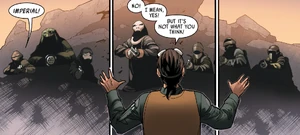 Moroff (second from left) and the Partisans hold Bodhi Rook at gunpoint.
