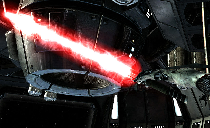 A Sith lightsaber with a blade generated by an unstable synth-crystal.