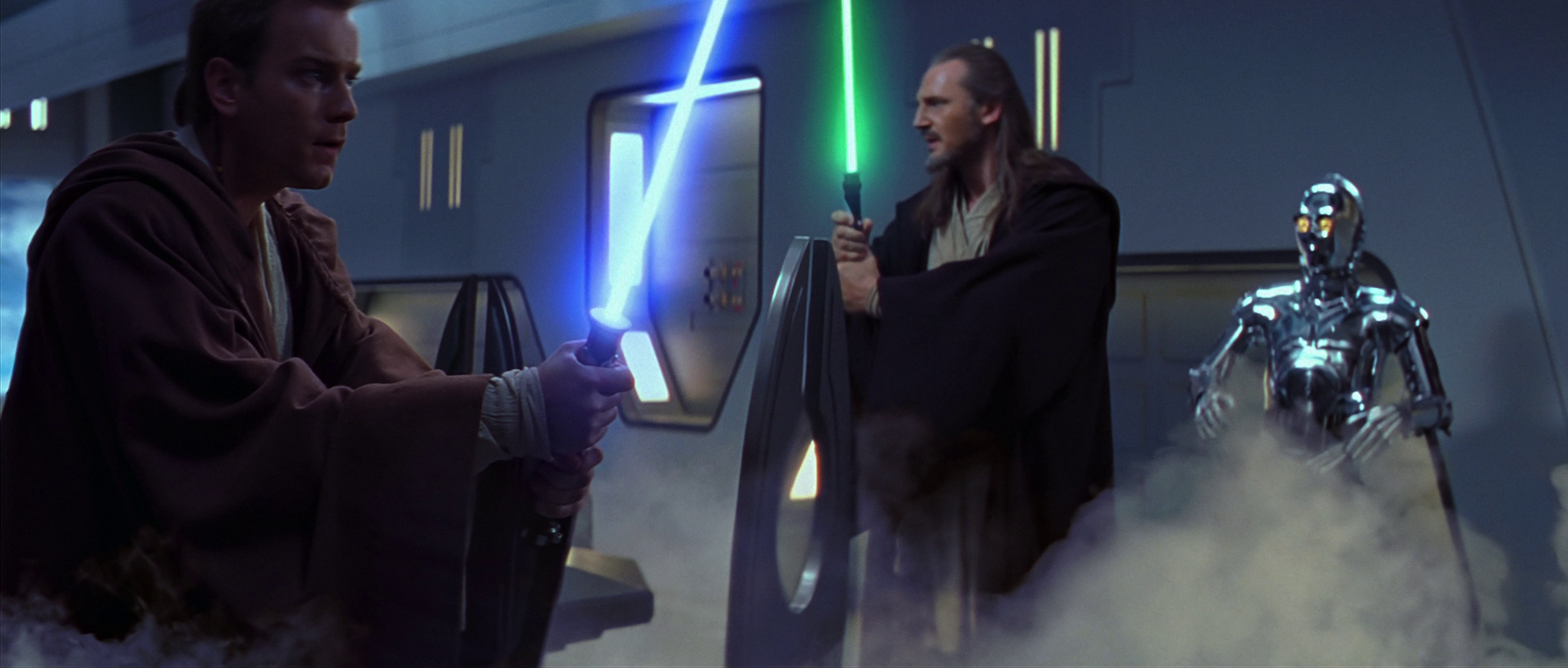 Qui-Gon and Obi-Wan prepare to fight their way out of the Trade Federation flagship.