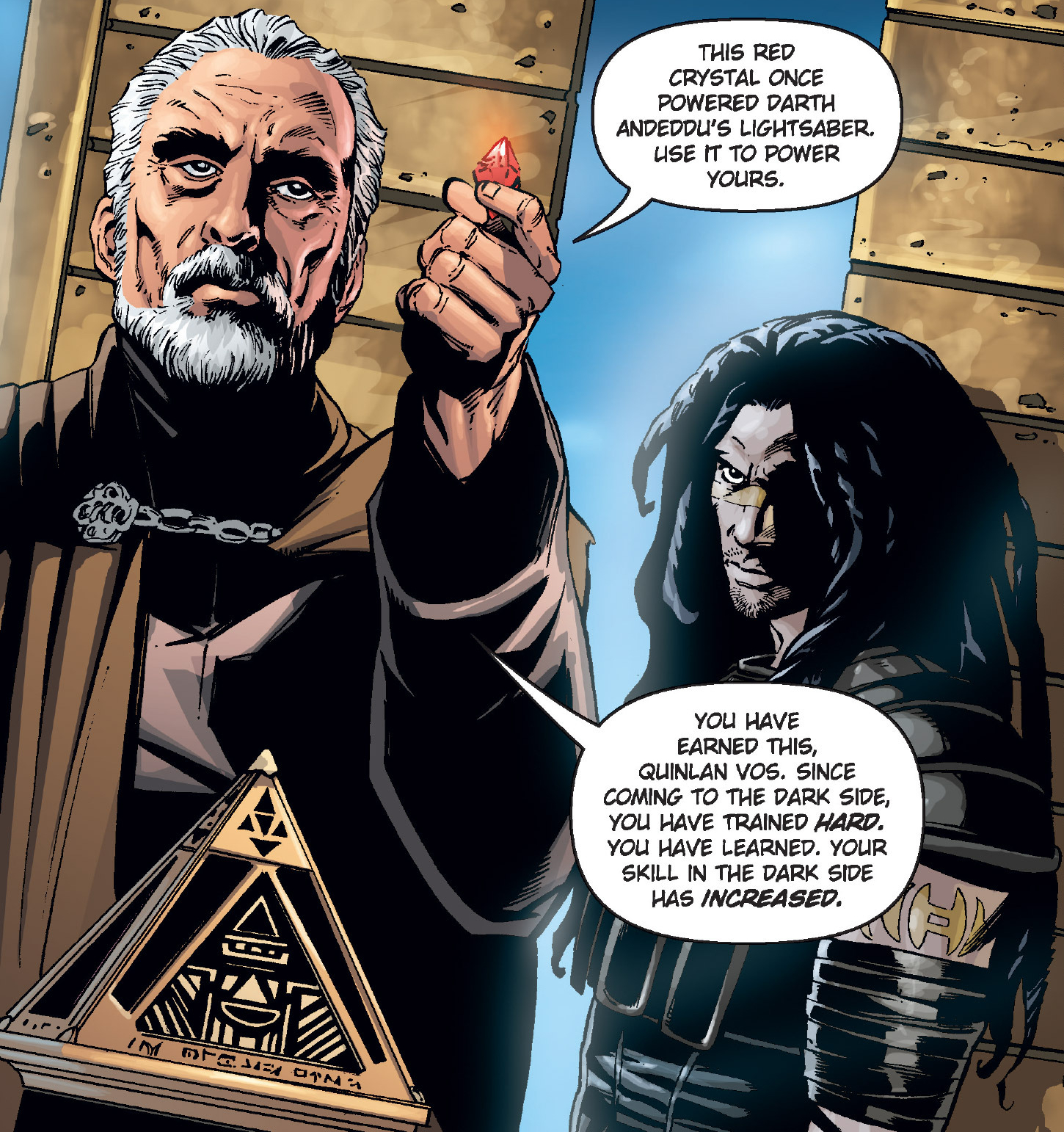 Darth Tyranus presents Quinlan Vos with Darth Andeddu's lightsaber crystal.