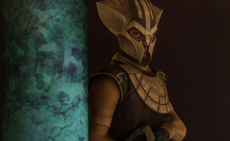 Rex, disguised in Zygerrian armor, provides backup for Anakin Skywalker and Ahsoka Tano.