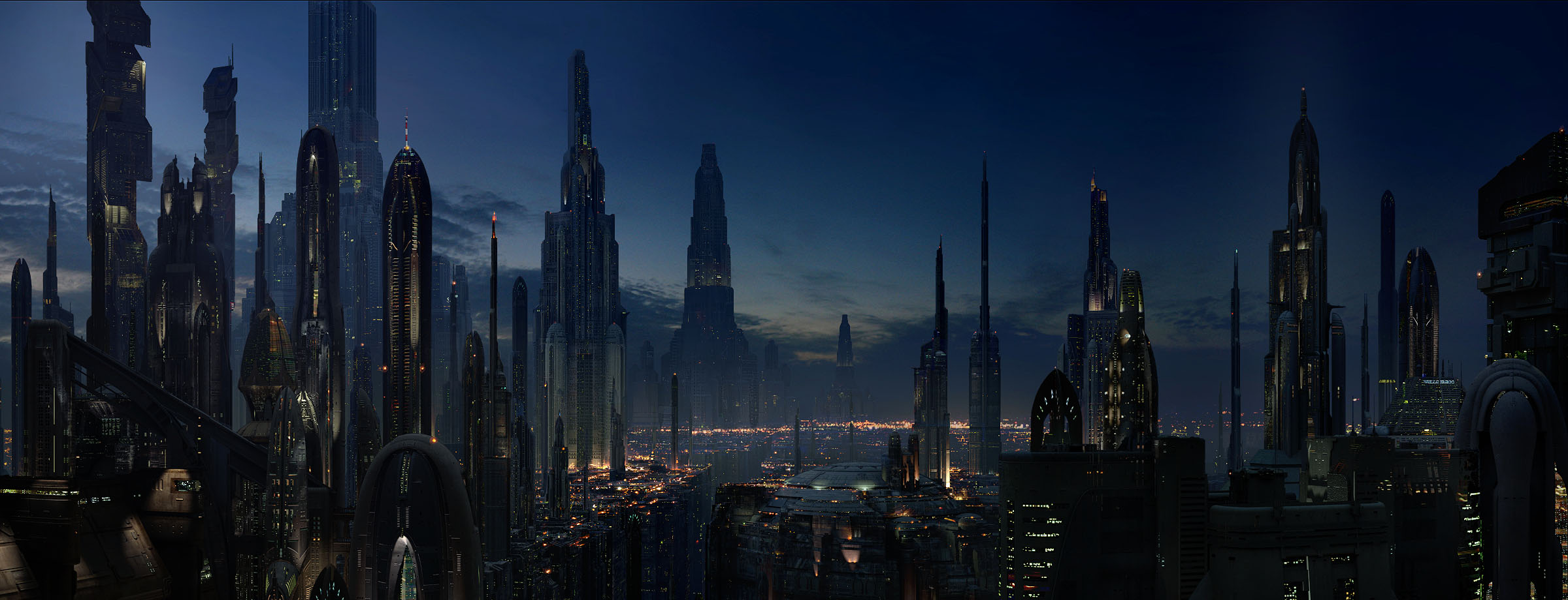 The surface of Coruscant featured towering skyscrapers and streams of speeder-filled air traffic.