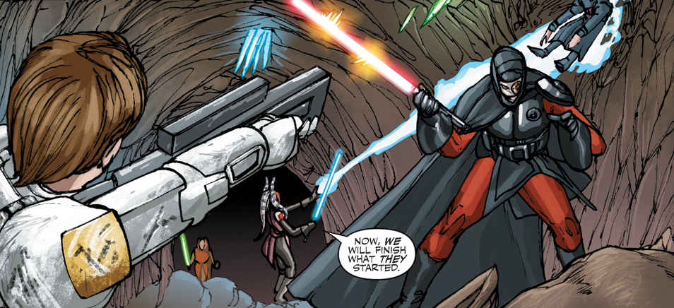 Republic and Jedi forces confront Darth Angral and Darth Baras in the Caves during the Cold War.