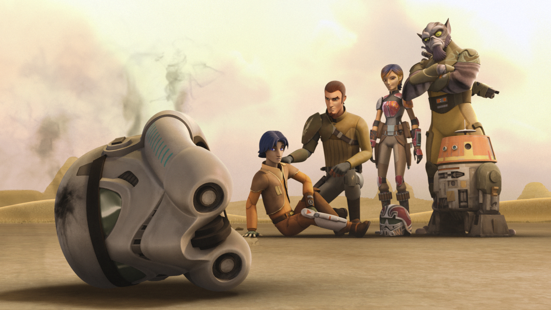 Chopper and the other rebels watching one of Ezra's many Jedi lessons