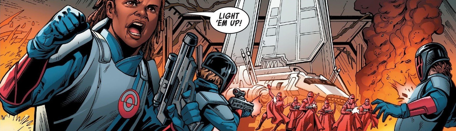 Crimson Dawn troops attack the Sith Lords' Lambda shuttle and escort.