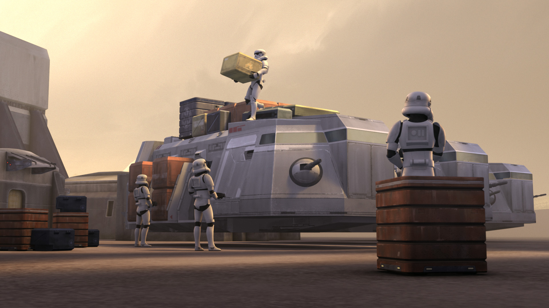 Stormtroopers loading cargo on an Imperial Troop Transport