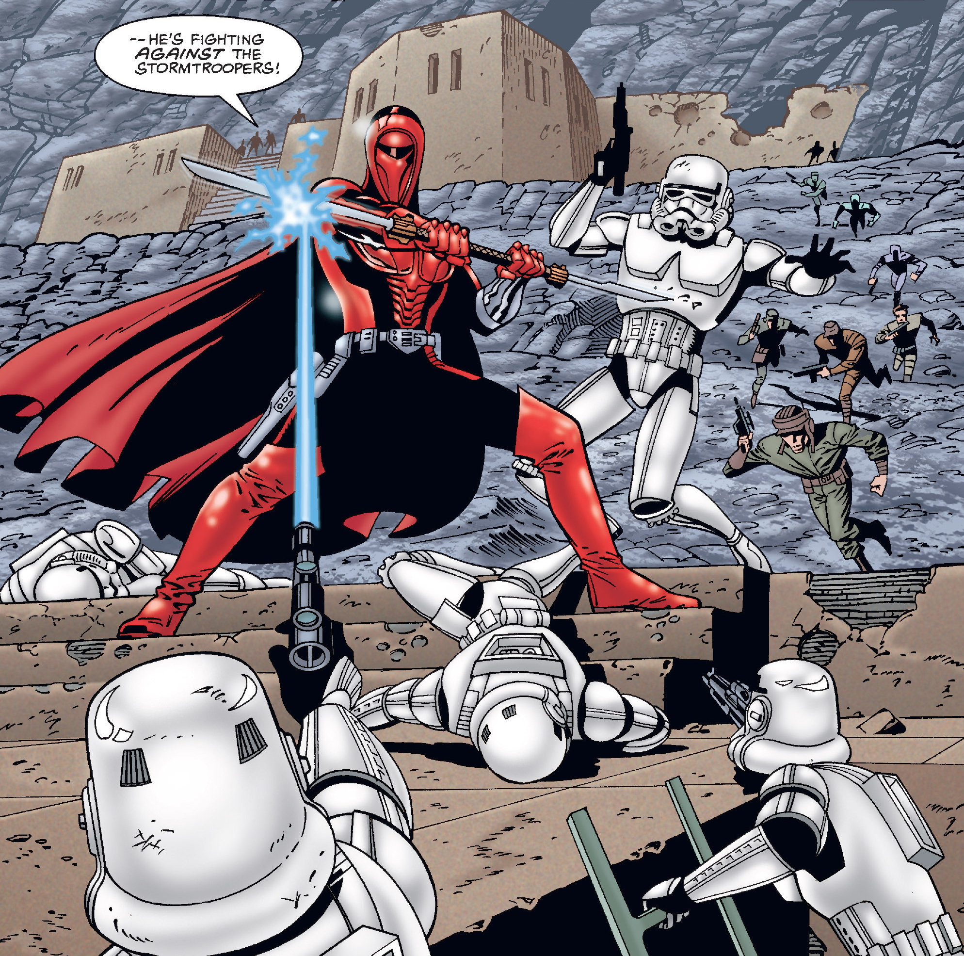 Kir Kanos fights stormtroopers during the Battle of Phaeda.